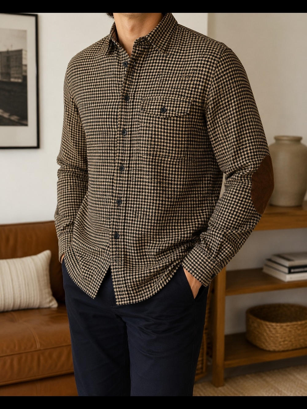 Men's Brown Houndstooth Button-Up Shirt with Elbow Patches